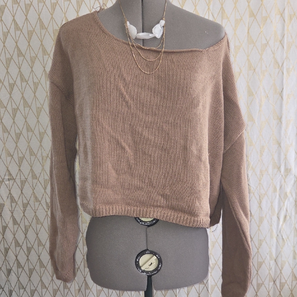 Women's Brown Cropped Knit Sweater - Casual Off-Shoulder Style